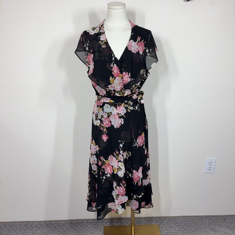 Wayf Wrap Dress Womens XL Black Floral Midi Flutter Sleeve Ruffle Belted Boho